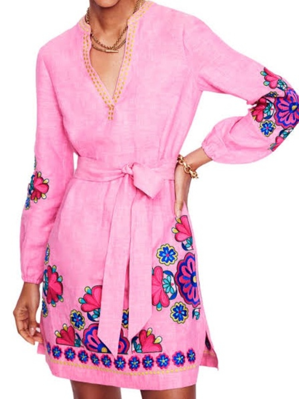 Boden Pink Embroidered Long-Sleeve Belted Dress - Picture 1 of 4